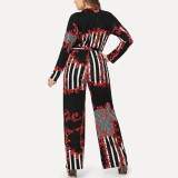 Red Tie Large Size Long Sleeves Jumpsuit 