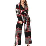 Red Tie Large Size Long Sleeves Jumpsuit 