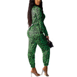 Green Leopard Paint Sensual Curves  Adjustable Zipper Jumpsuit