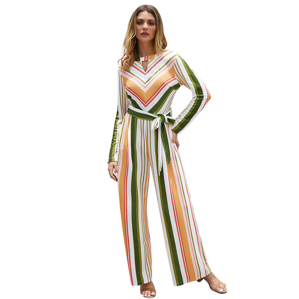Mix Color Contouring Stripe Jumpsuit Side Pocket Tie Waist