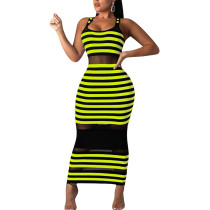 Green U Neck Maxi Length Bodycon Dress Stripes Maxi Dress