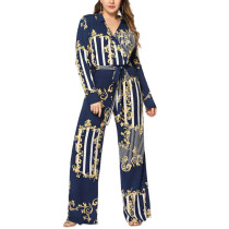 Blue Printed Queen Size Waist Tie Breathable Romper 