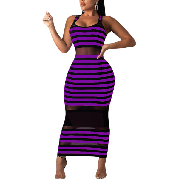 Purple Stripe Bodycon Dress Long Length Style