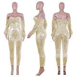 Gold Sequin Large Size Open Back Lightweight Jumpsuits 