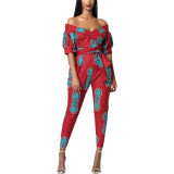 African Style Women's Off Shoulder Wide Leg Red Jumpsuits With Belt