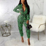 Green Leopard Paint Sensual Curves  Adjustable Zipper Jumpsuit