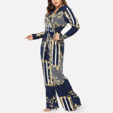 Blue Printed Queen Size Waist Tie Breathable Romper 