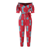 African Style Women's Off Shoulder Wide Leg Red Jumpsuits With Belt