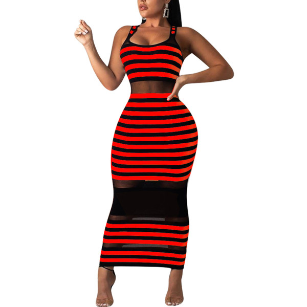 Red Stripe Polyester Bodycon Dress Long Length Women Dress