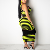 Green U Neck Maxi Length Bodycon Dress Stripes Maxi Dress