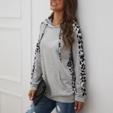 Light Gray Drawstring Hooded Collar Top Leopard Pullover
