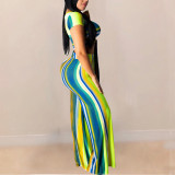 Yellow Midriff Short Sleeves And Wide Legs Pants For Ladies