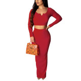Durable Red Solid Color V-neck Midriff Skirt Suit Elasticated
