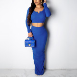 Blue High Waist V-neck Long Sleeves Skirt Set Feminine