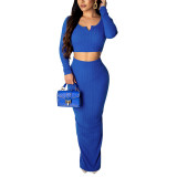Blue High Waist V-neck Long Sleeves Skirt Set Feminine