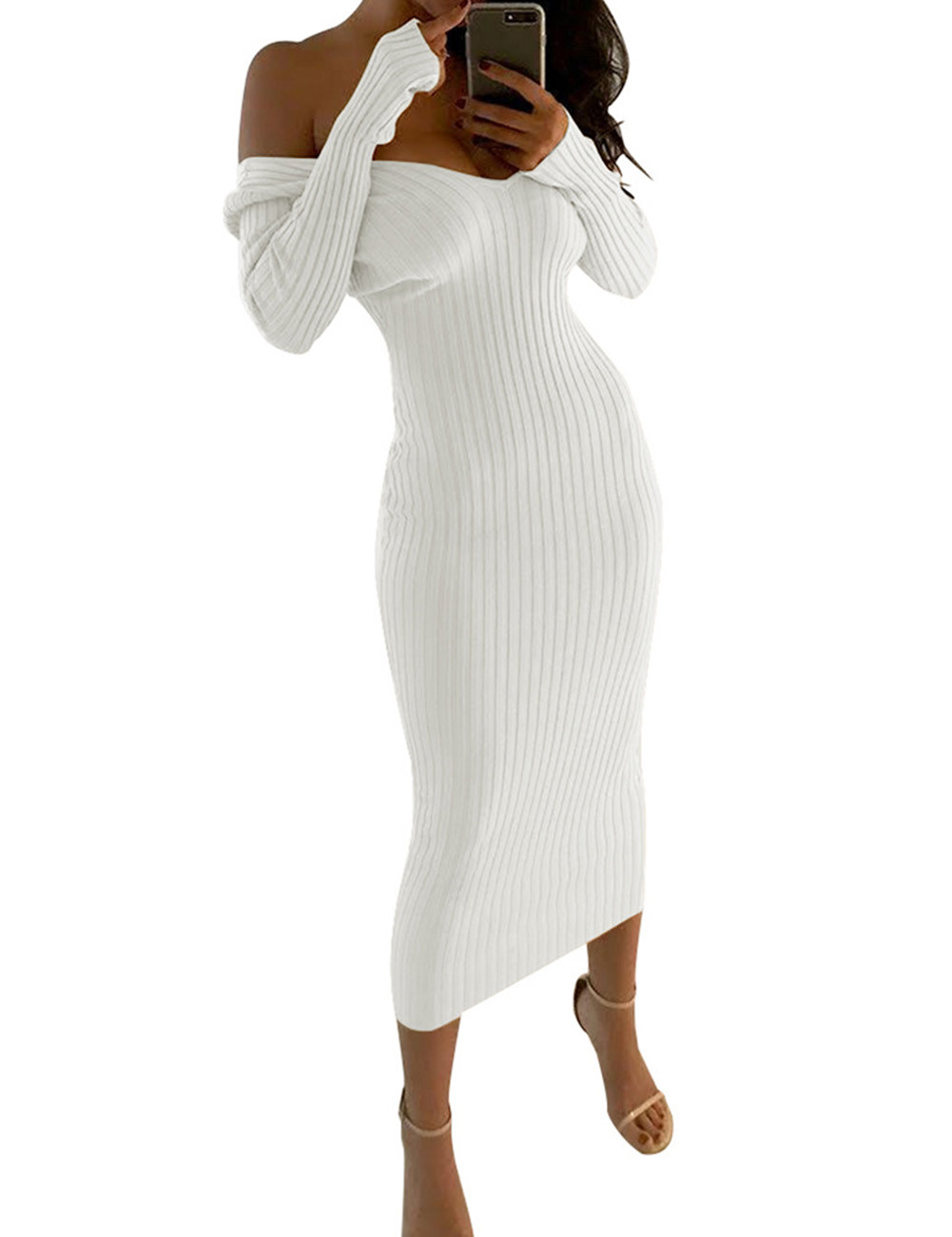 US$ 8.25 - White Off Shoulder Midi Bodycon Sweater Dress Online ...