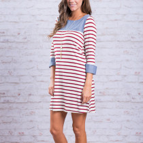 Adorable Red Full Sleeves Striped Mini Dress