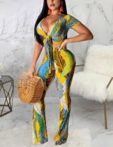 Wholesale Yellow Wide Leg Pants Suit Tropical Leaves Printed