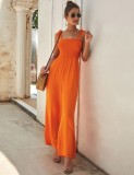 Orange Solid Color Knotted Rompers Wide Leg Formal Settings