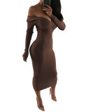 Brown Off Shoulder Sweater Dress Long Sleeve Modern Fashion