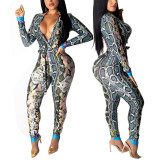 Wholesale Blue Deep-V Snakeskin Print Tight Jumpsuit Fashion