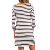 Conservative Black Patchwork Stripe Mini Dress Long Sleeve