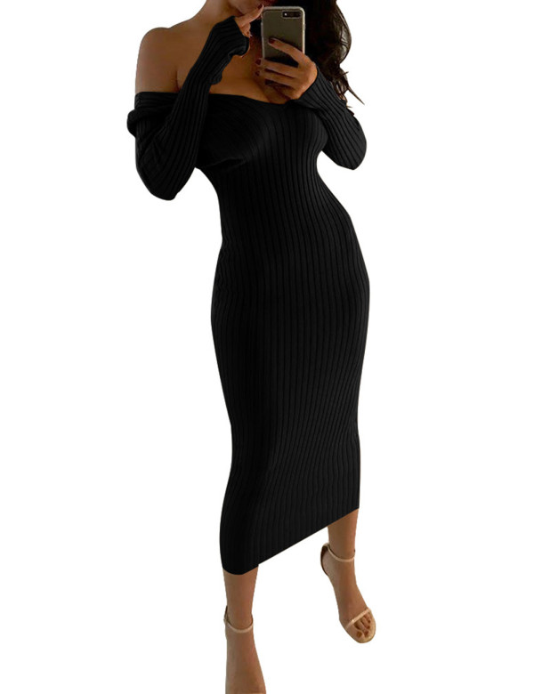 Black Long Sleeve Sweater Bodycon Dress For Women