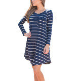 Stylish Striped Mini Dress Blue Full Sleeves Loose Fit