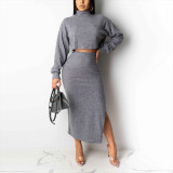 Grey 2 Pieces Crop Side Slit Tops For Women Suits