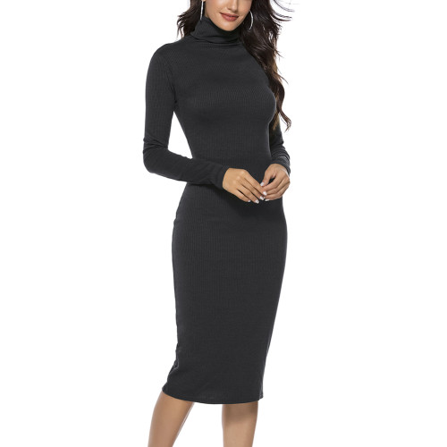 Black Solid Color High Neck Sweater Dress Casual Wear
