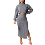 Grey 2 Pieces Crop Side Slit Tops For Women Suits
