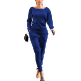  Blue Boat Collar Top Ankle Length Pants Outfit