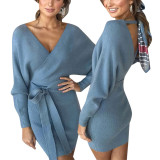 Long Sleeve Open Back Knit Blue Sweater Dress 