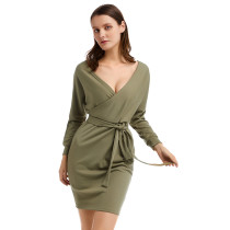 Long Sleeve Open Back Knit Green Sweater Dress