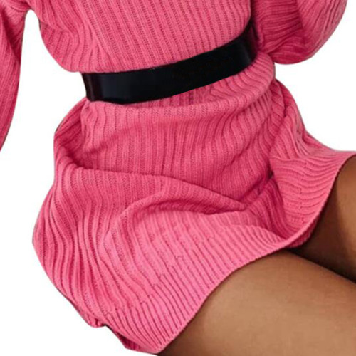Pink Long Sleeve Knit Sweater Dress Plain Breathable