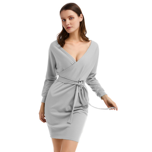 Long Sleeve Open Back Knit Gray Sweater Dress