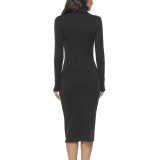 Black Solid Color High Neck Sweater Dress Casual Wear