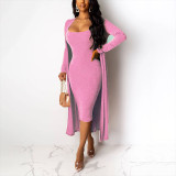 Pink Sling Bodycon Dress Solid Color Cardigan Garment