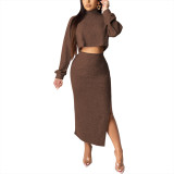 Coffee Color 2 Pieces Brown Color Crop Side Slit Tops For Women
