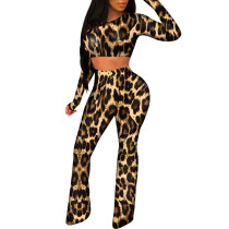 Staple Leopard Pattern Crop Top Pants Suit Fashion Tee