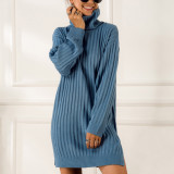 Blue High Neck Knit Sweater Dress Plain Formal Settings