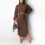 Coffee Color 2 Pieces Brown Color Crop Side Slit Tops For Women
