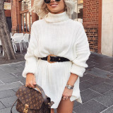 White Knit Solid Color High Neck Sweater Dress Weekend Time