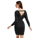 Long Sleeve Open Back Knit Black Sweater Dress