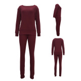 Wine Red Two-Piece Suits Rib Solid Color Female Fashion