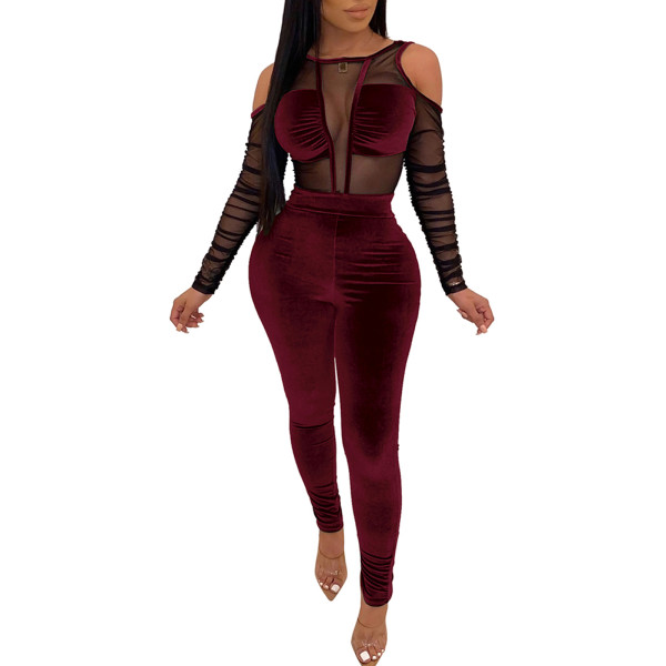 Sexy Velet Mesh Red Long Sleeve One-piece Jumpsuit