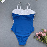 Blue Contrast Color Sling Swimwear High Cut One Piece Swimwear