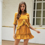 Fetching Yellow Chiffon Summer Mini Dress Ruffled Plus Size Dress