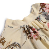 Ravishing Beige Floral Printed Mini Dress Tie Waist Comfort Dress