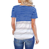 Blue&White Women T-Shirt Short Sleeve Round Collar Cotton Shirt